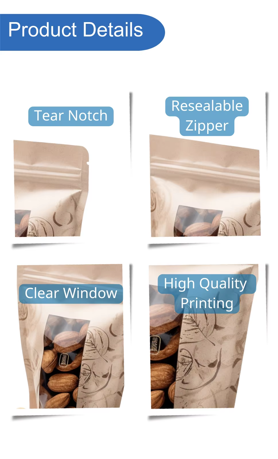 Hot Sales Custom Printed Stand up Pouch Plastic Aluminum Foil Mylar Zipper Ziplock Bag Food Packaging Bag for Nuts Snack