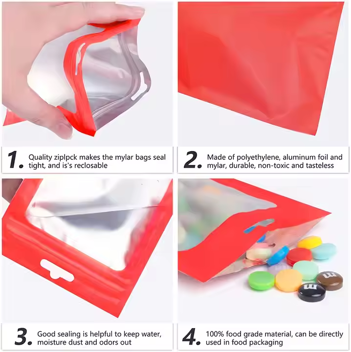 Hebeimili-Mylar Bags with Clear Window Resealable Foil Pouch Bag Odorless Storage for Food Self Sealing Folienbeutel